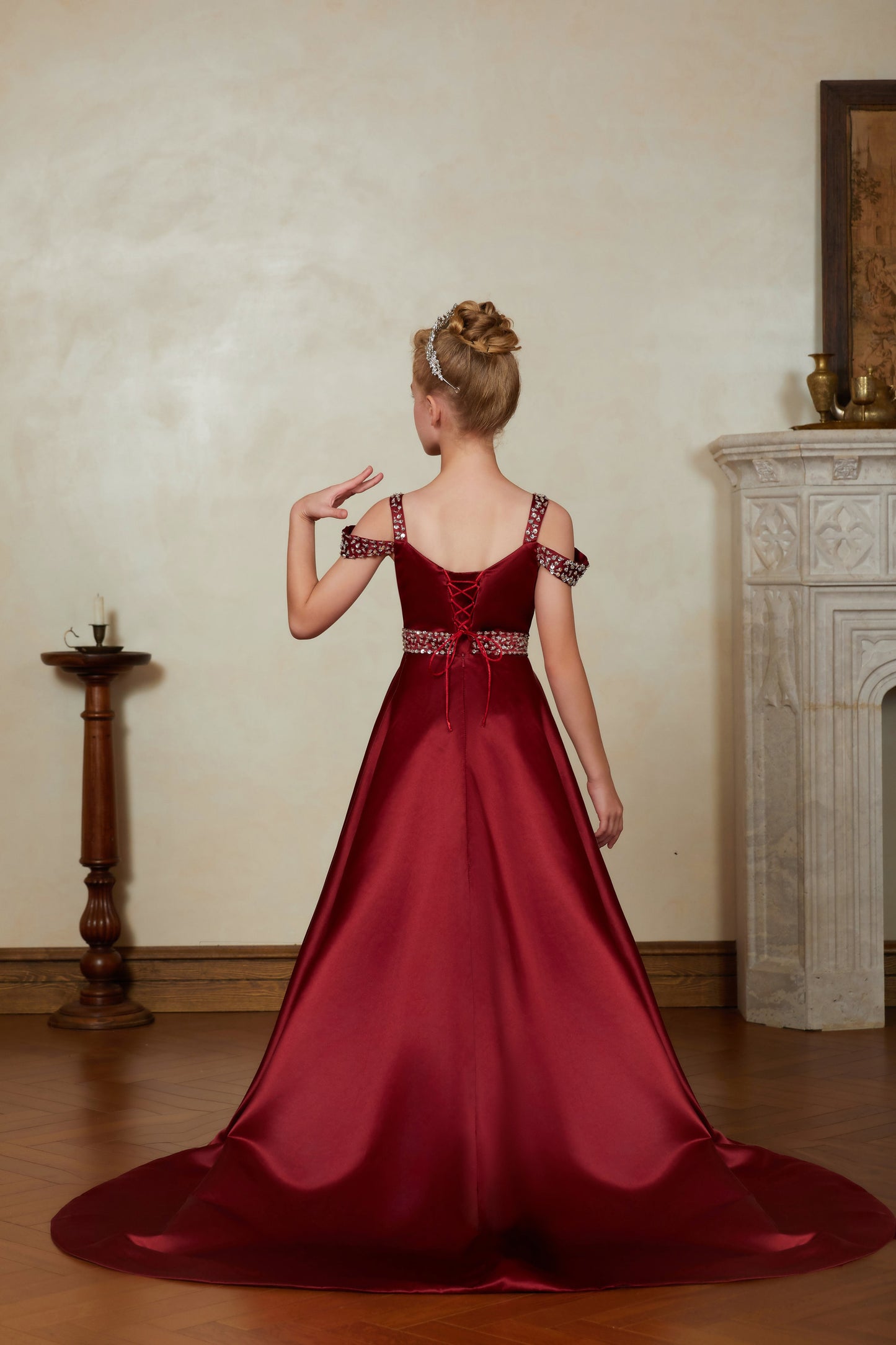 Burgundy Strapless Satin Flower Girl Gown Long Dress For Wedding, Party, Occations FLC2080