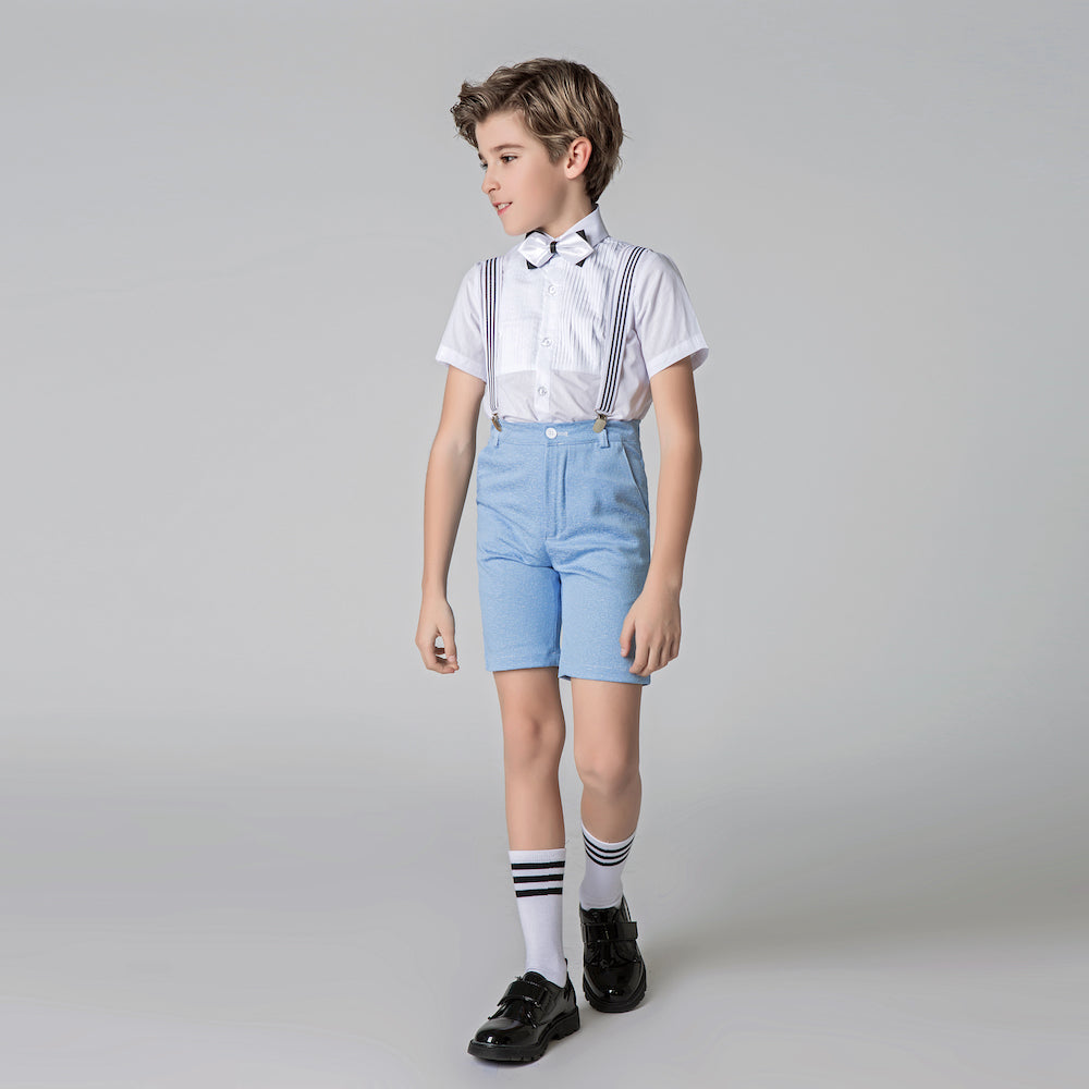 Light Blue Frosted Formal Party Summer 4 Piece Suit For Kids Boys' With Suspenders Yuanlu