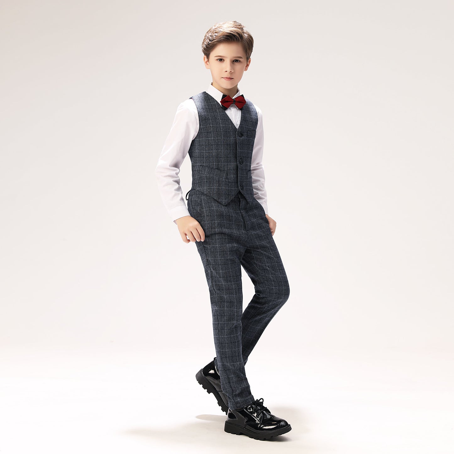 Grey Plaid Elegant 5 Piece Boys Suits Yuanlu
