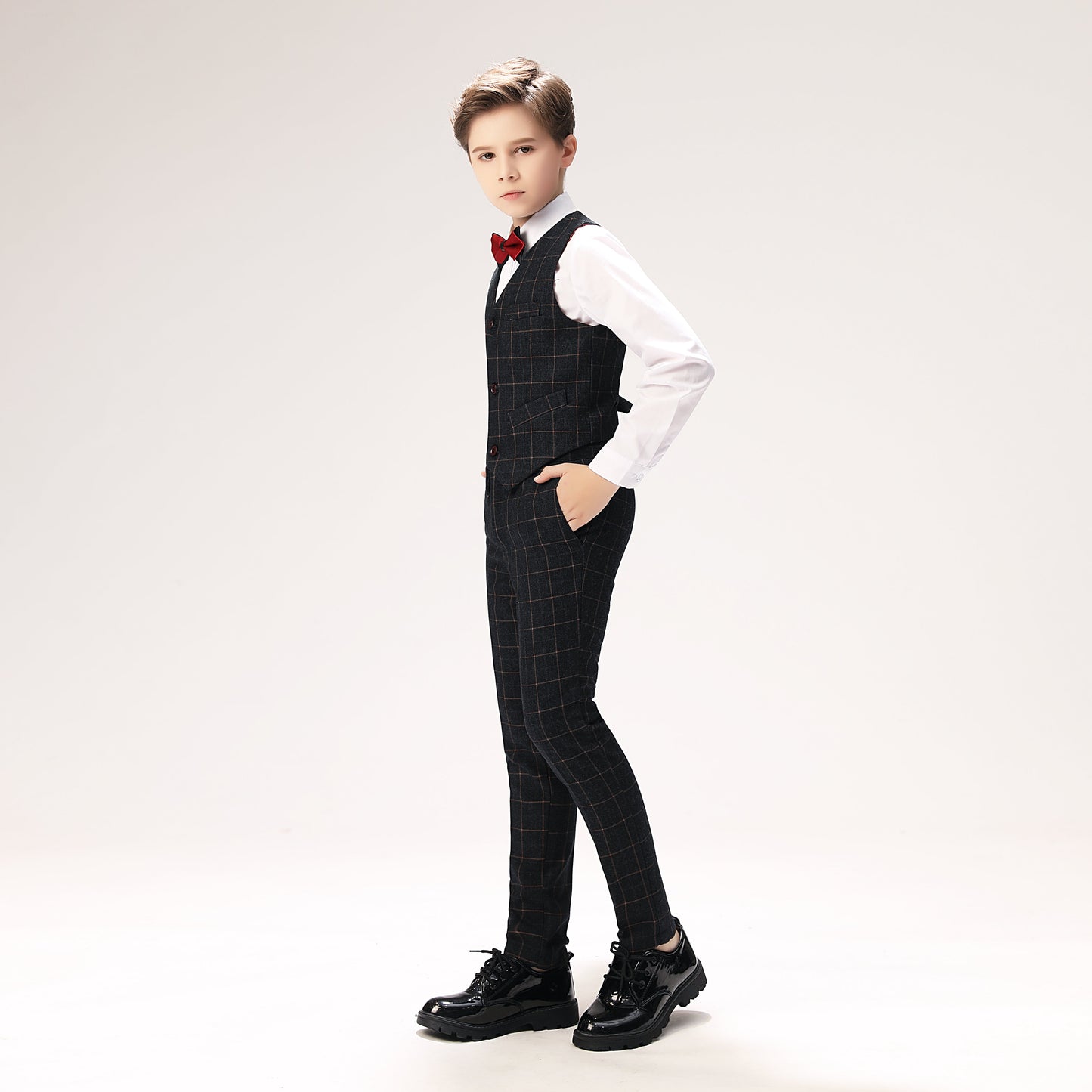 Black Plaid Elegant 5 Piece Boys Suits Yuanlu