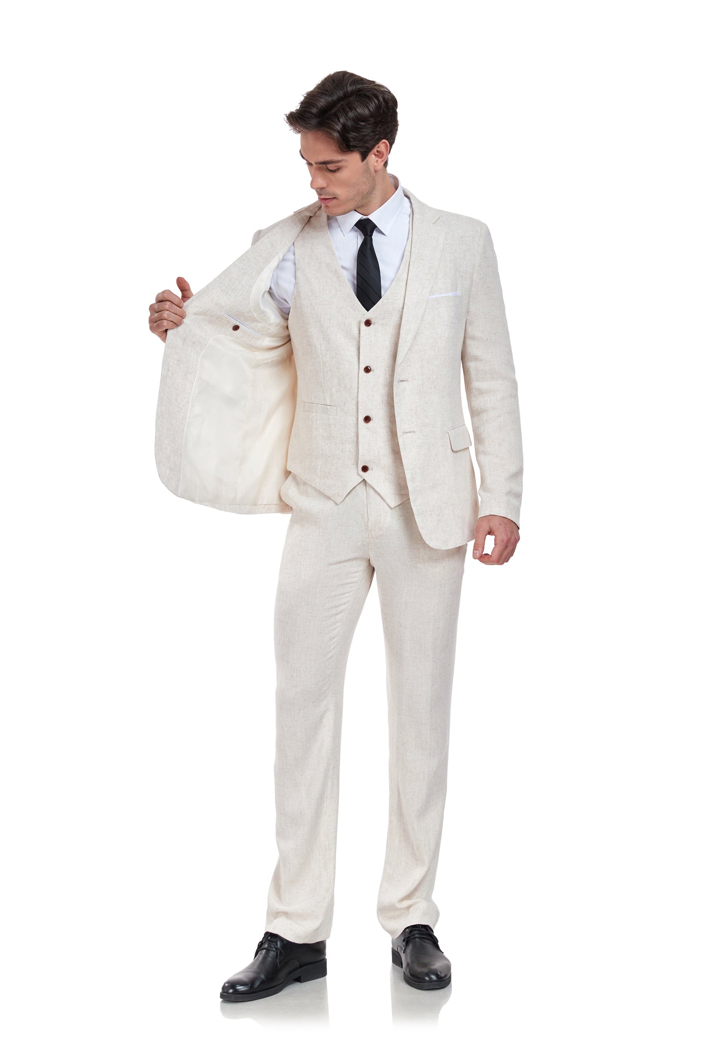 Beige Retro Linen Beach Wedding Summer 3 Pieces Men Suits Yuanlu