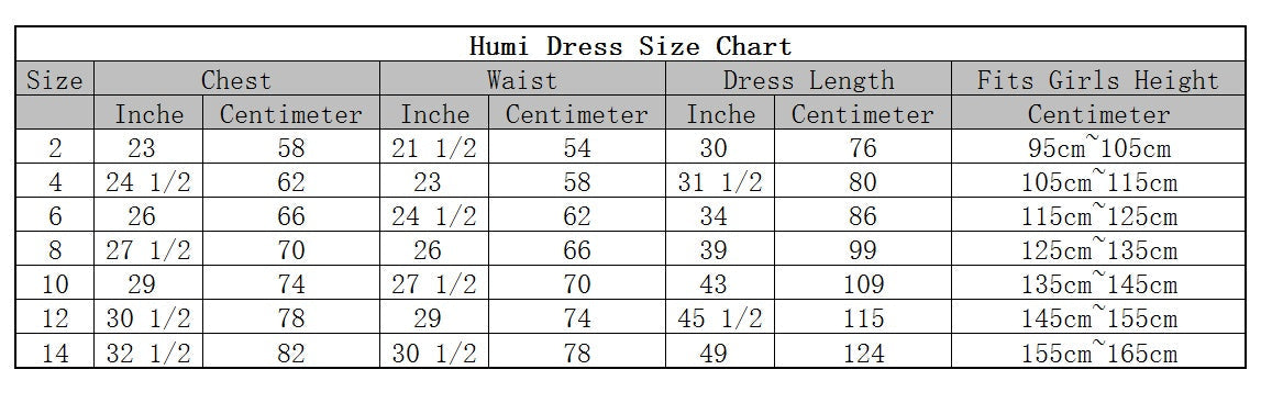Flower Dresses Size Chart