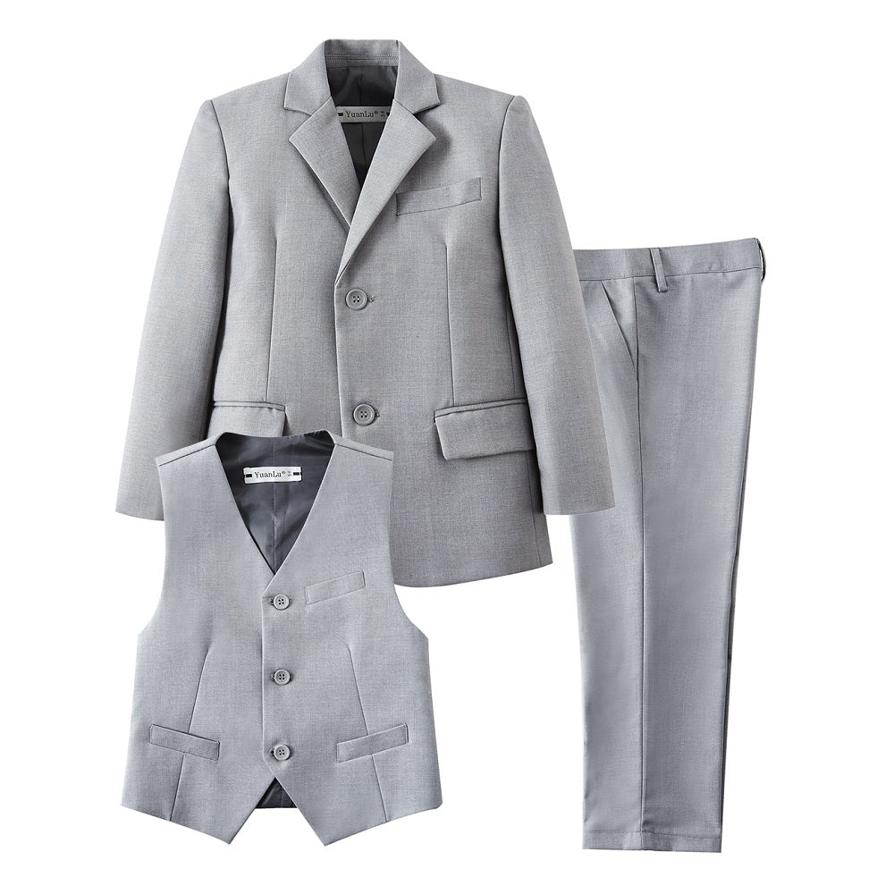 Light Grey 3 Piece Kids Boys' Formal Fit Blazer Vest and Pants Dress Suits Set Yuanlu