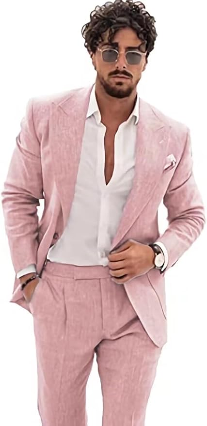 Summer Casual Linen Men's  2 Piece Suit Blazer Pants Set Yuanlu