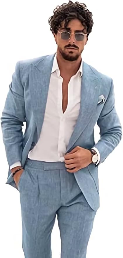 Summer Casual Linen Men's  2 Piece Suit Blazer Pants Set Yuanlu