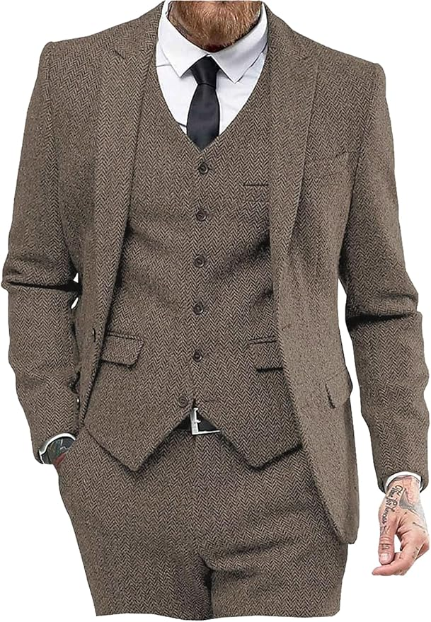 Mens Tweed Herringbone Wedding Suit Prom Tuxedos 3 Piece Peak Lapel Dress Yuanlu