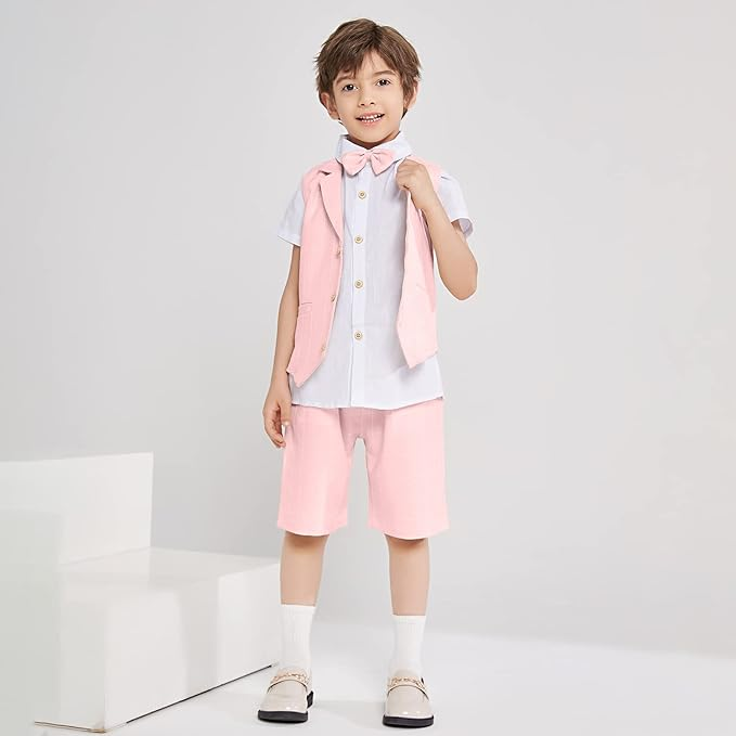 Summer Boys Suit 4Pcs Shirt Vest Shorts Tie Set Yuanlu