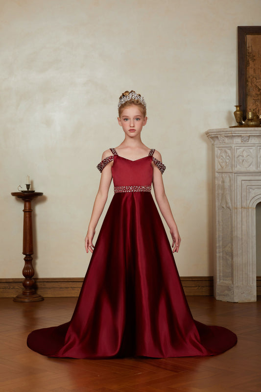 Burgundy Strapless Satin Flower Girl Gown Long Dress For Wedding, Party, Occations FLC2080