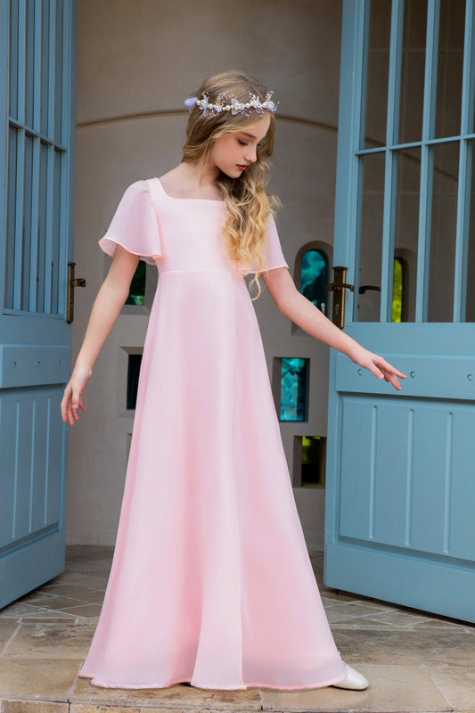 Pink U Neck Short Sleeve Chiffon Flower Girl Long Dress For Wedding, Party, Occasions FLC3098