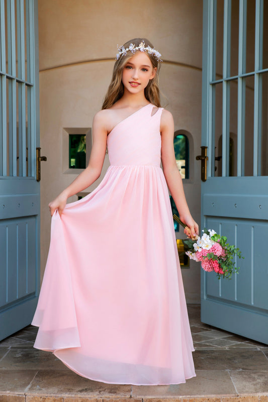 Pink Slant Shoulder Halter Chiffon Flower Girl Gown Dress FLC2993