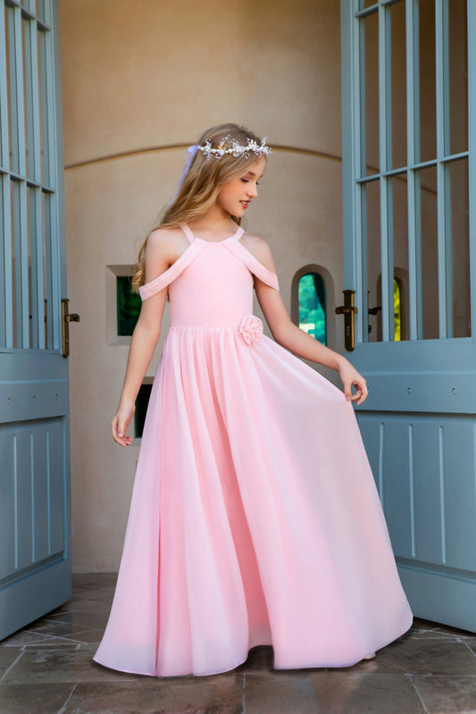 Pink Halter Neck Sleeveless Chiffon Flower Girl Dress For Wedding, Party, Occasions FLC3115