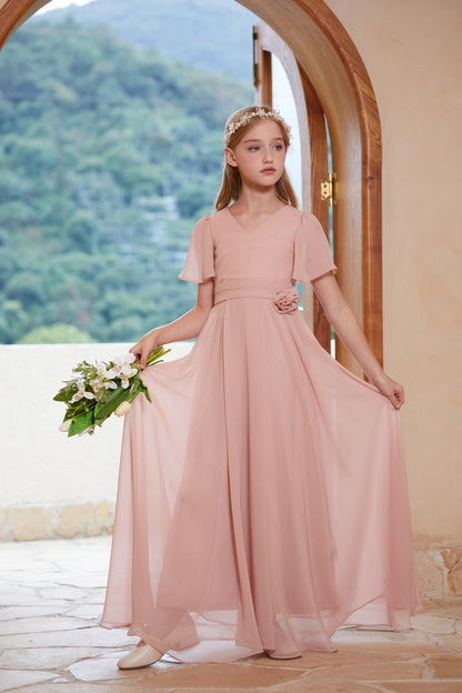 Short Sleeves Chiffon Flower Girl Gown Dress For Wedding, Party, Occasions FIC03143