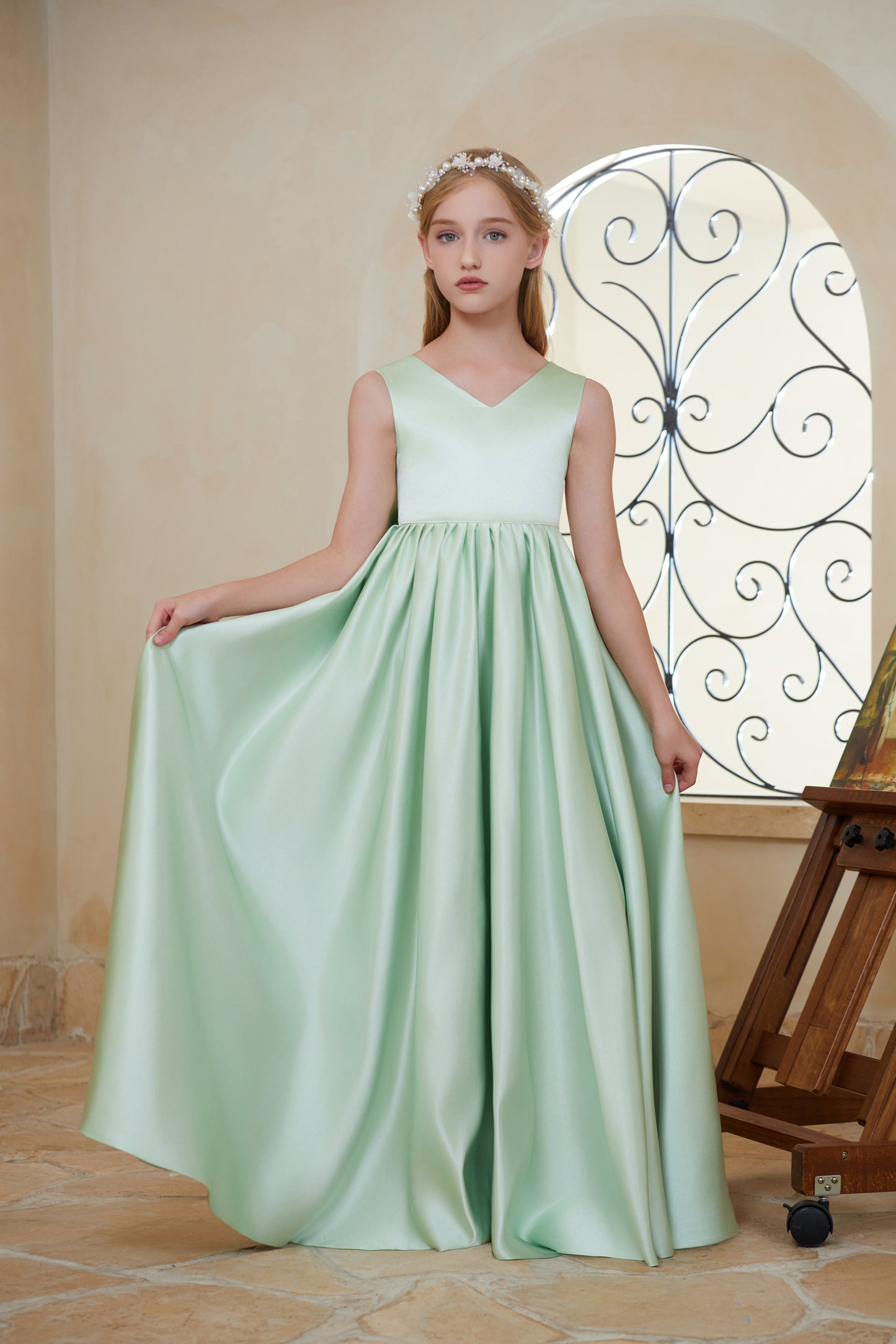 Satin Junior Bridesmaid Dress Flower Girl Gown Dress For Wedding FIC03142