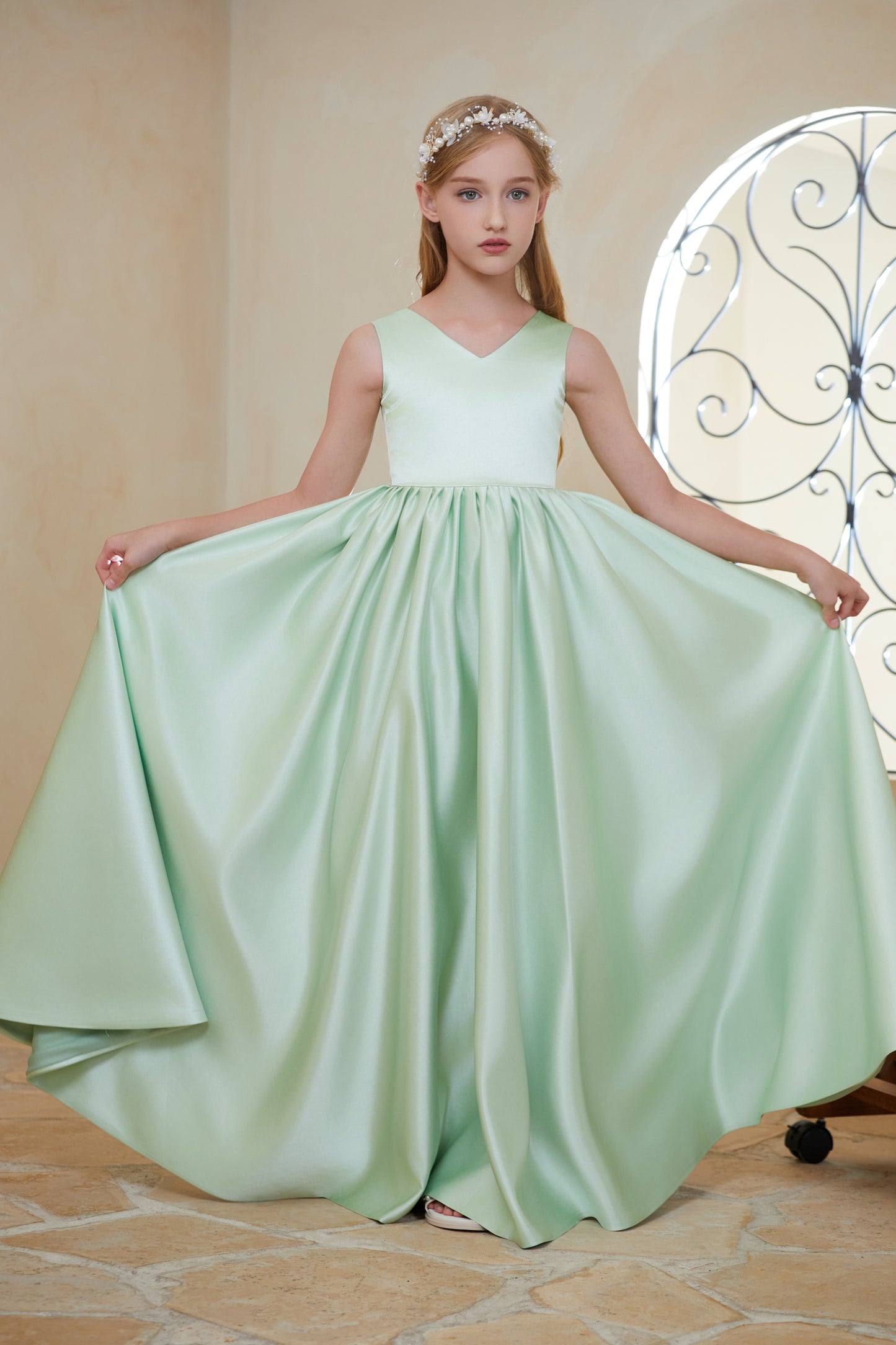 Satin Junior Bridesmaid Dress Flower Girl Gown Dress For Wedding FIC03142