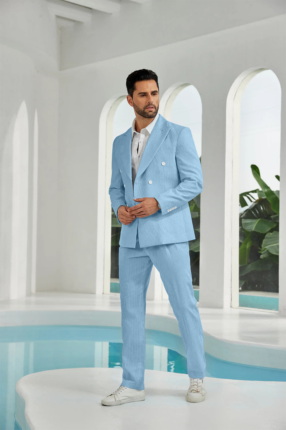 Seersucker Double Breasted Blazer Pants 2 Piece Men's Summer Suit Yuanlu