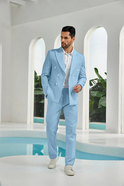 Seersucker Double Breasted Blazer Pants 2 Piece Men's Summer Suit Yuanlu