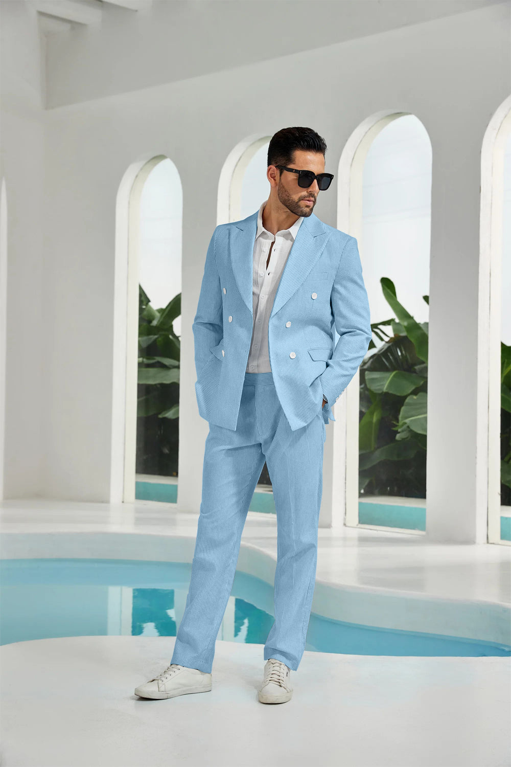 Seersucker Double Breasted Blazer Pants 2 Piece Men's Summer Suit Yuanlu