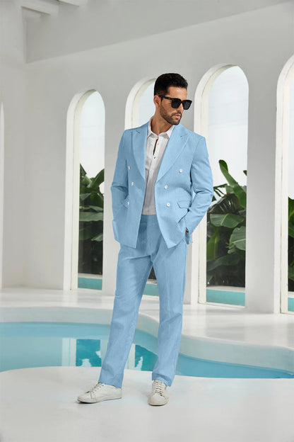 Seersucker Double Breasted Blazer Pants 2 Piece Men's Summer Suit Yuanlu