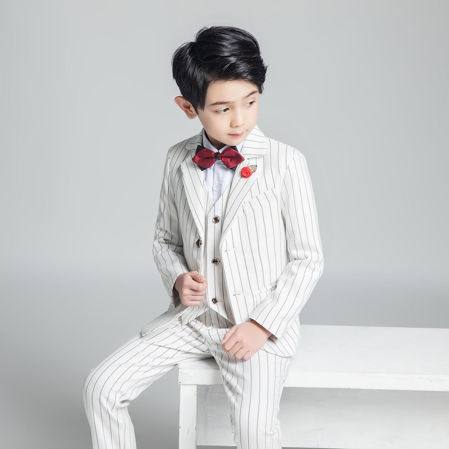 White Striped Modern 5 Piece Boy's Formal Suits Yuanlu