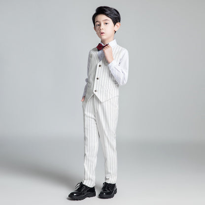 White Striped Modern 5 Piece Boy's Formal Suits Yuanlu