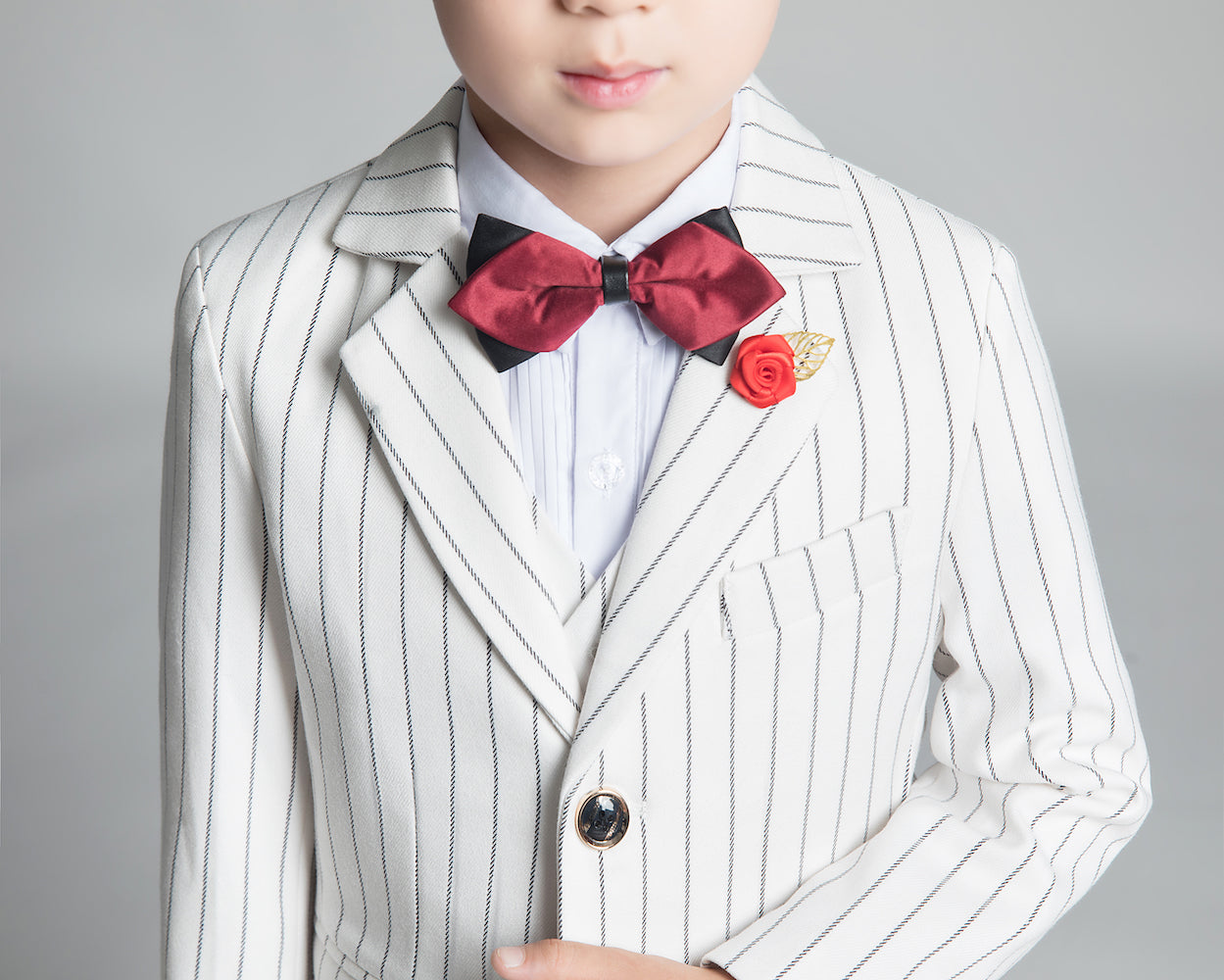 White Striped Modern 5 Piece Boy's Formal Suits Yuanlu