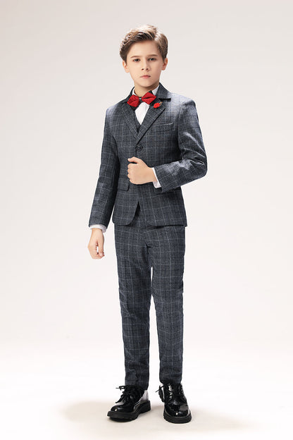 Grey Plaid Elegant 5 Piece Boys Suits Yuanlu