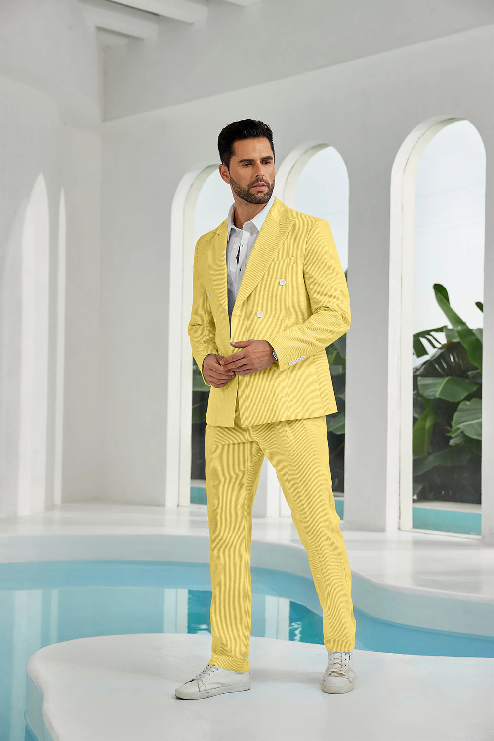 Seersucker Double Breasted Blazer Pants 2 Piece Men's Summer Suit Yuanlu