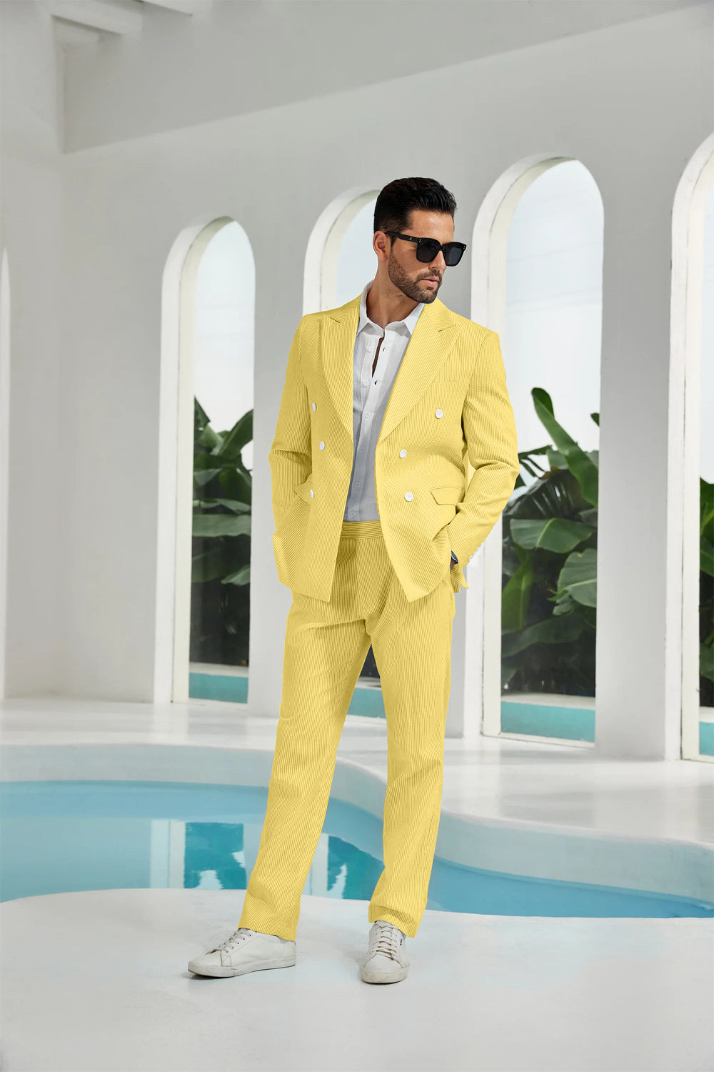 Seersucker Double Breasted Blazer Pants 2 Piece Men's Summer Suit Yuanlu