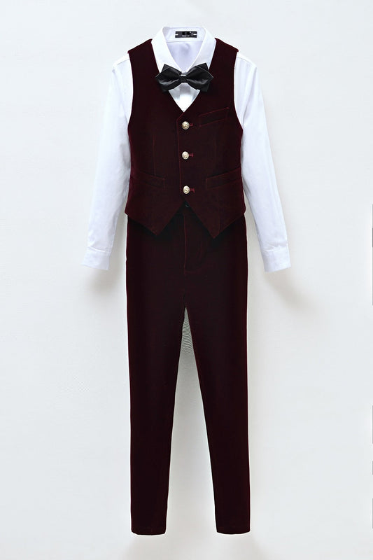 Burgundy Velvet 2 Piece Kids Boys' Vest and Pants Dress Suits Set Yuanlu