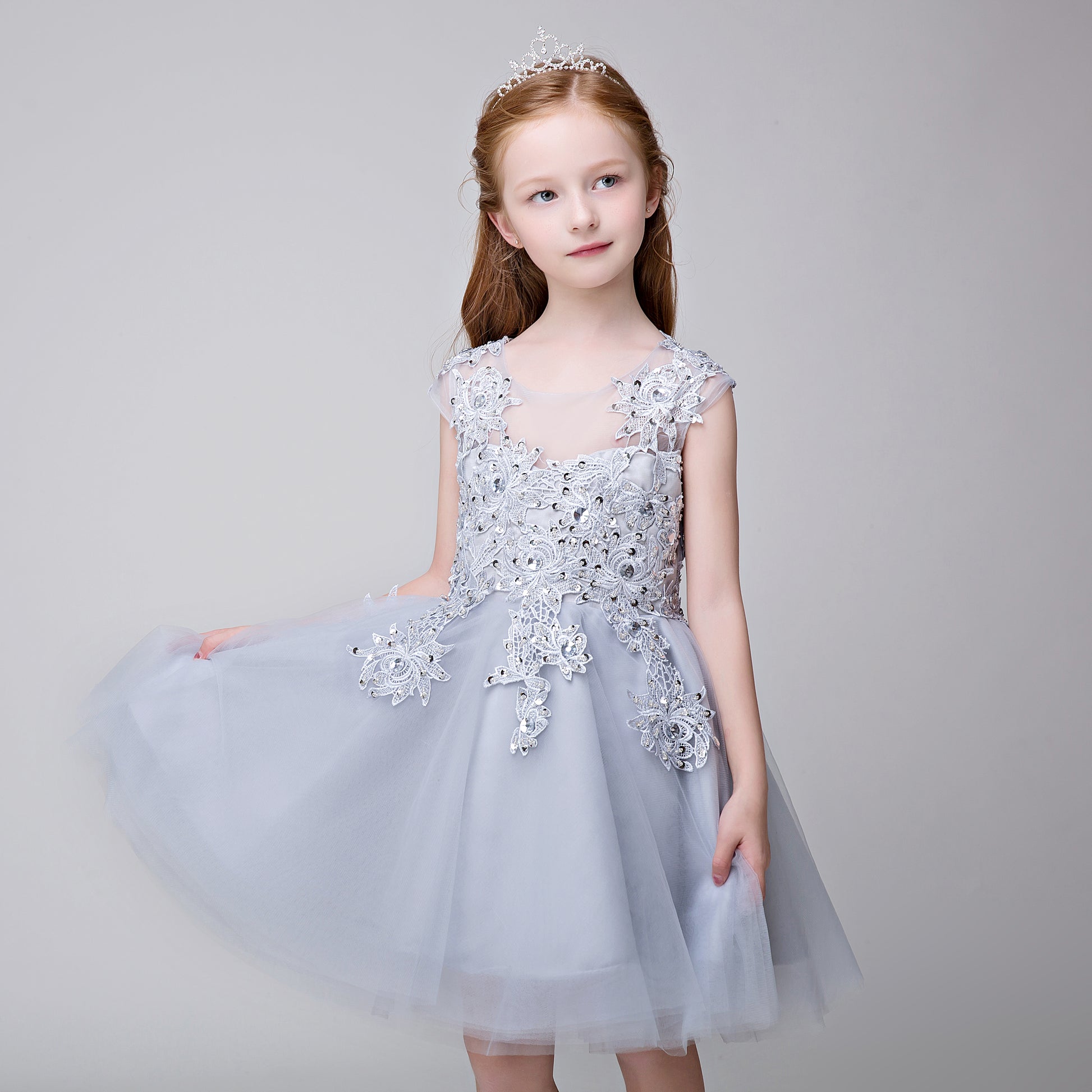 Flower Girl Applique Short Party Gown Long Dress for Wedding Lycody