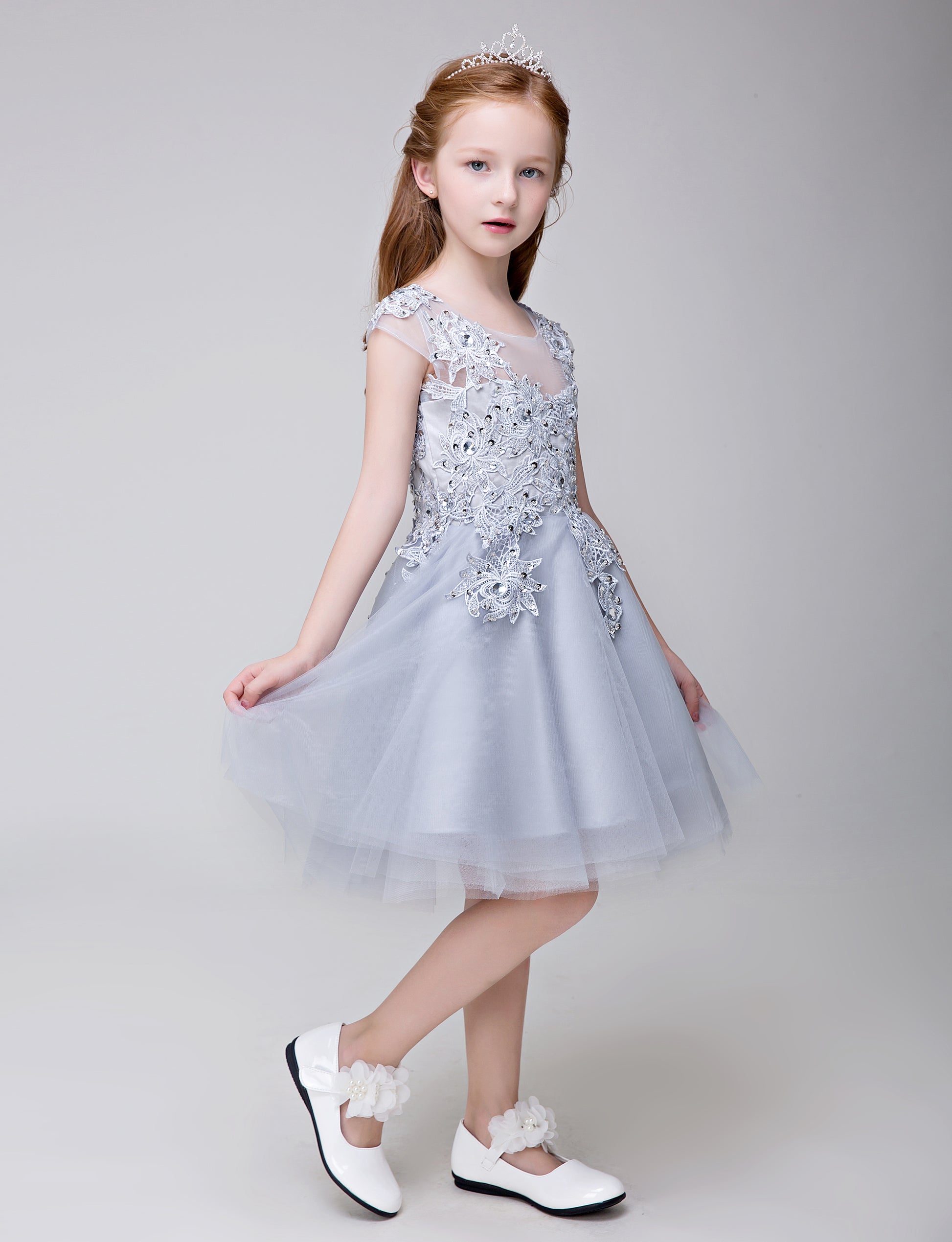 Flower Girl Applique Short Party Gown Long Dress for Wedding Lycody