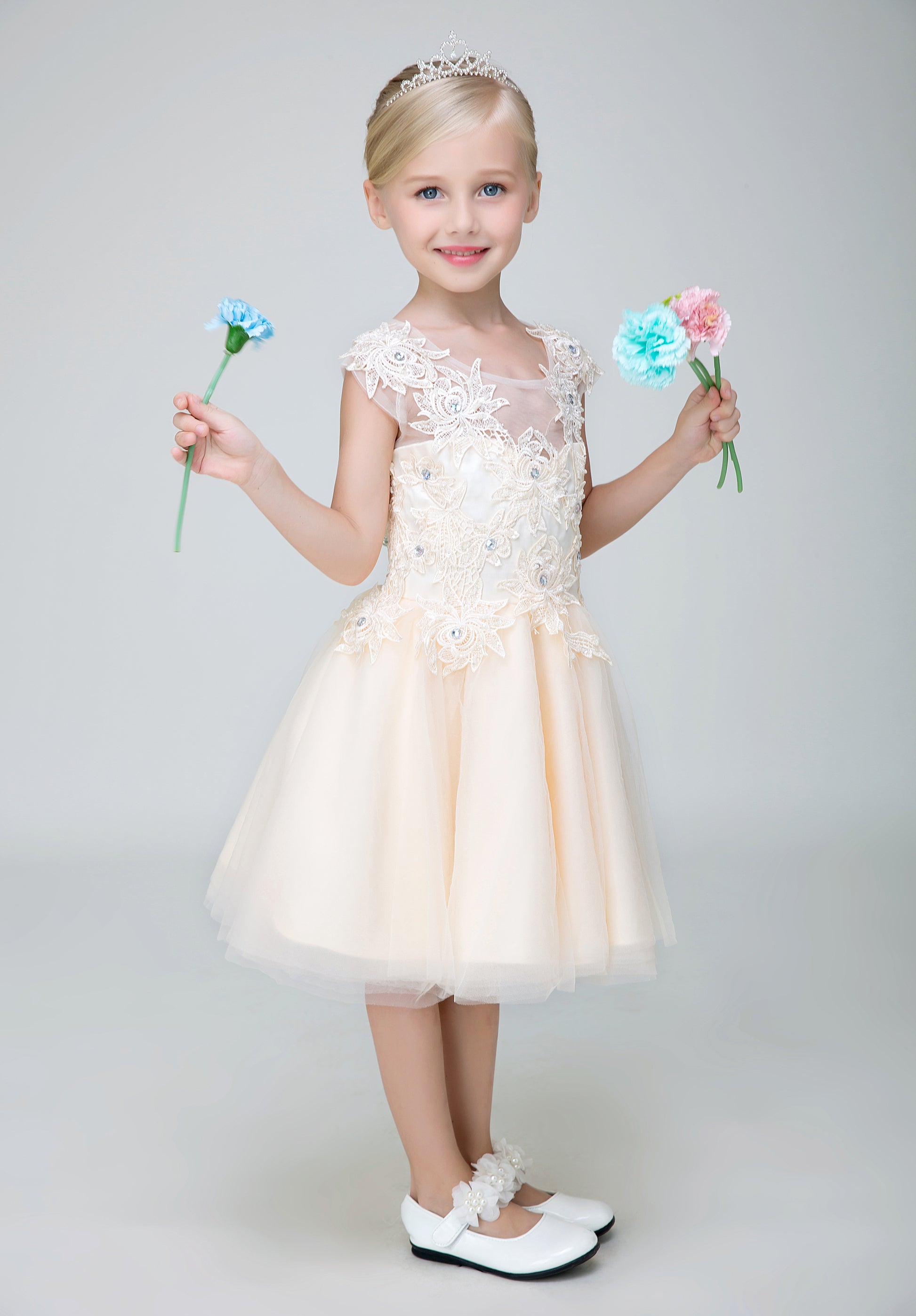 Short Applique Flower Girl Party Gown Long Dress for Wedding Lycody