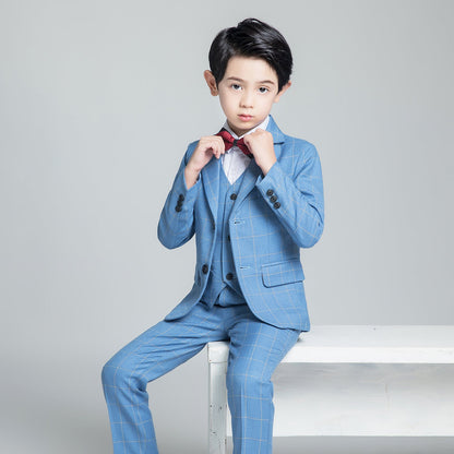 Light Blue Plaid Elegant Formal 5 Piece Boys Suits Yuanlu