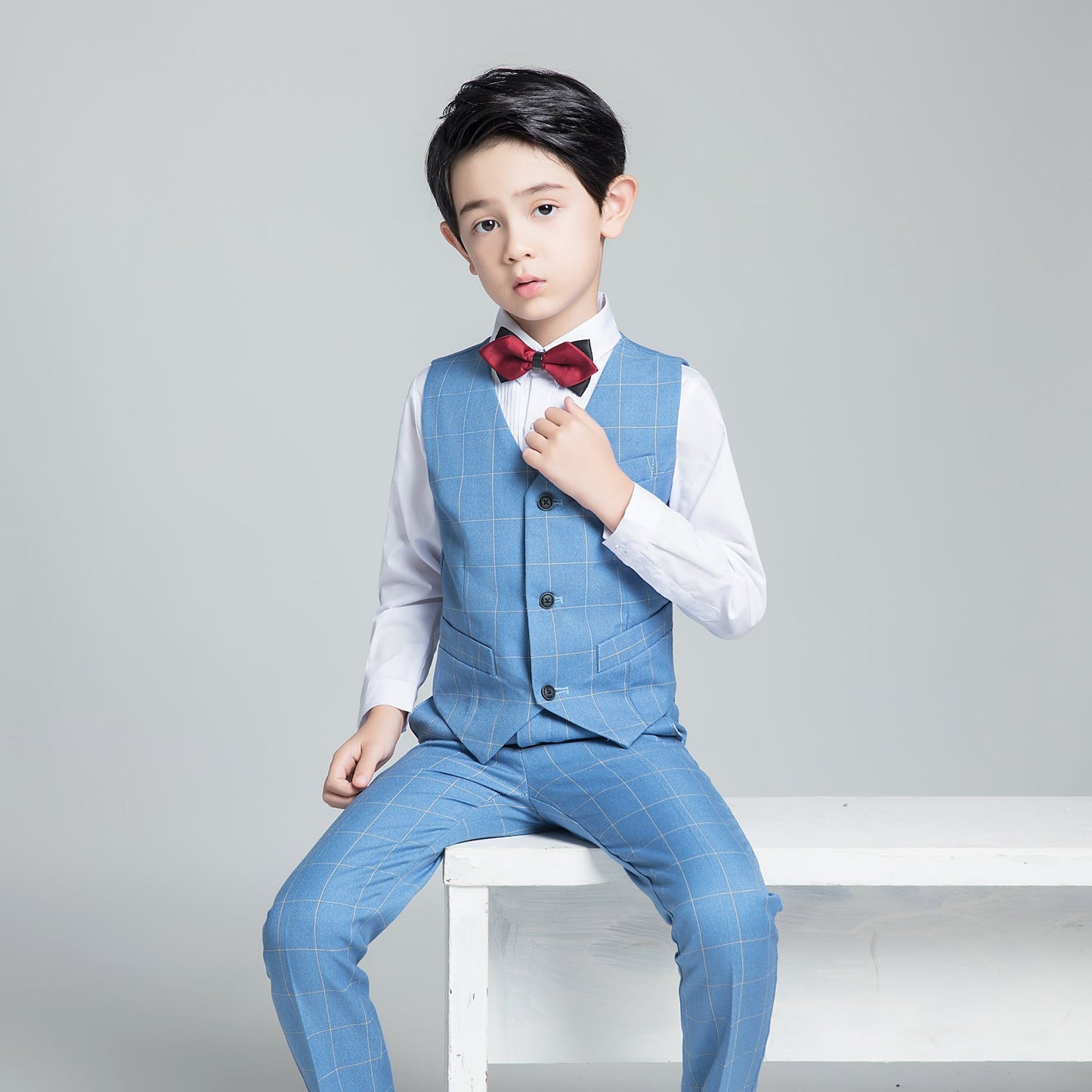 Light Blue Plaid Elegant Formal 5 Piece Boys Suits Yuanlu