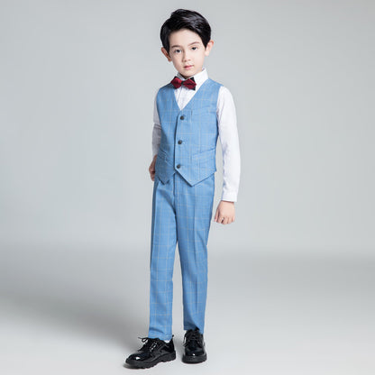 Light Blue Plaid Elegant Formal 5 Piece Boys Suits Yuanlu