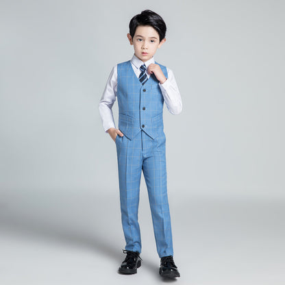 Light Blue Plaid Elegant Formal 5 Piece Boys Suits Yuanlu