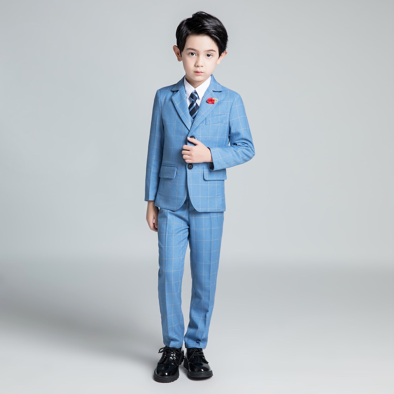 Light Blue Plaid Elegant Formal 5 Piece Boys Suits Yuanlu