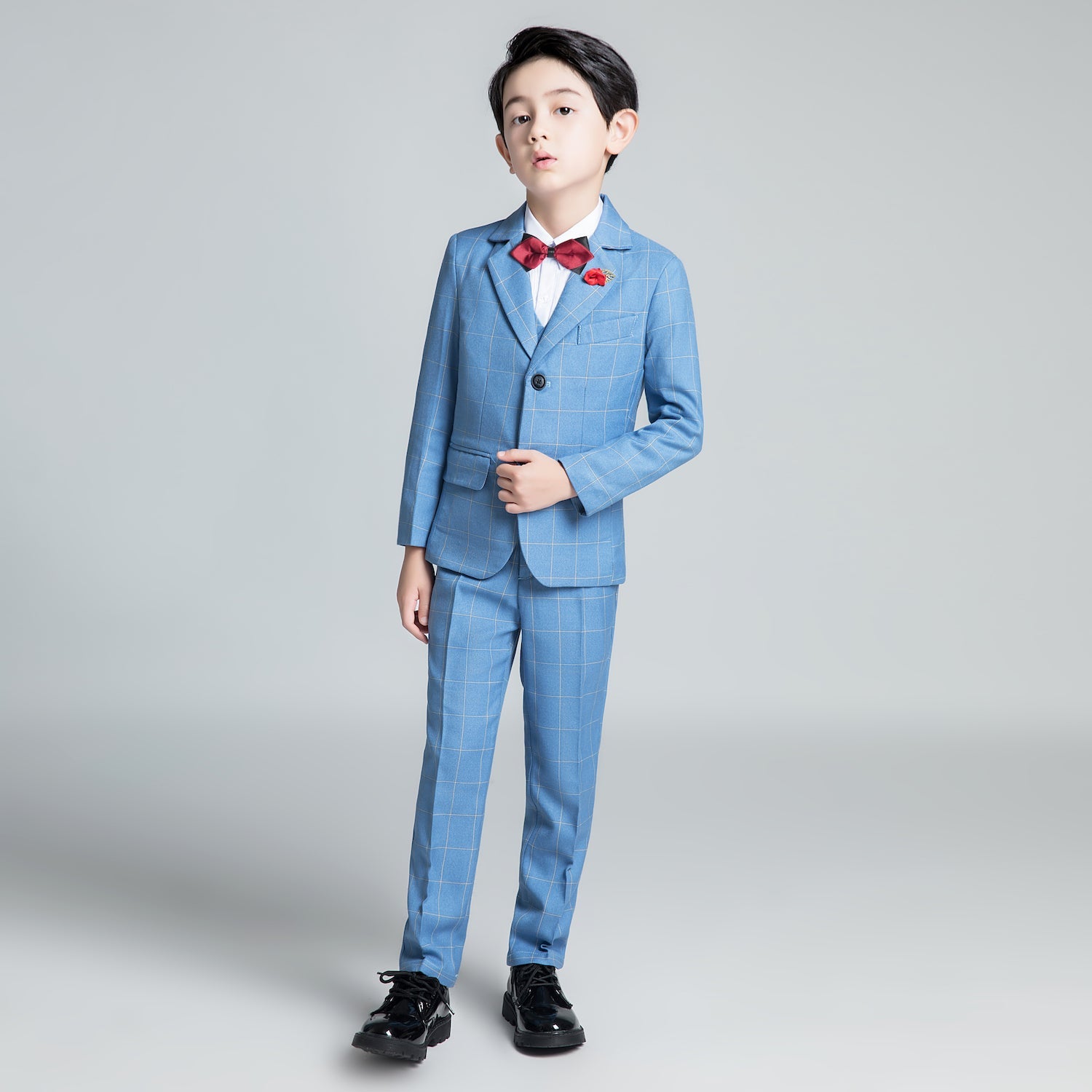 Light Blue Plaid Elegant Formal 5 Piece Boys Suits Yuanlu