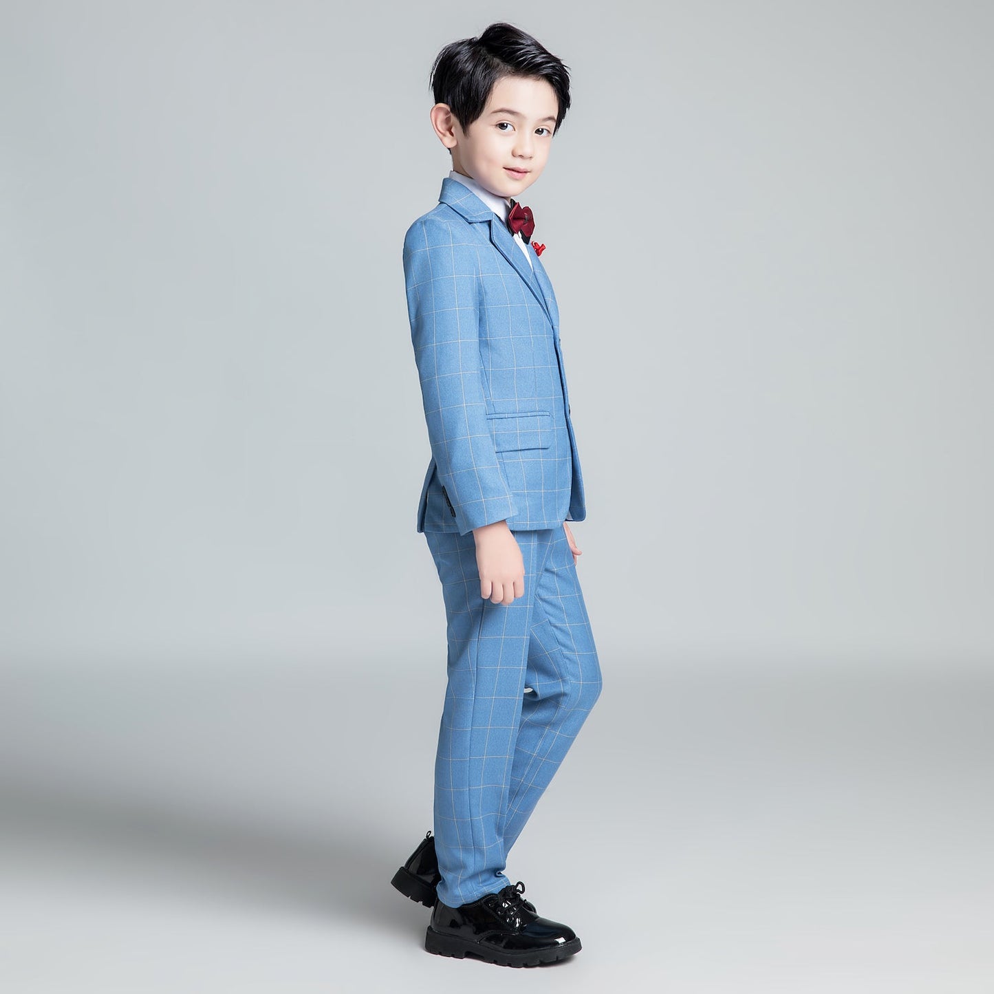 Light Blue Plaid Elegant Formal 5 Piece Boys Suits Yuanlu