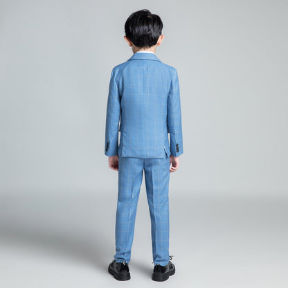 Light Blue Plaid Elegant Formal 5 Piece Boys Suits Yuanlu