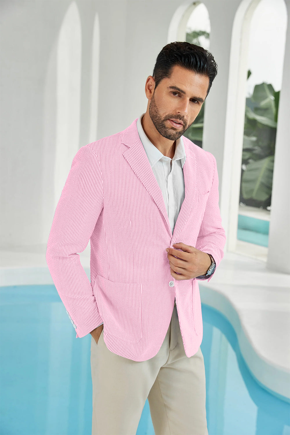 Seersucker Striped Men's Summer Blazer Yuanlu