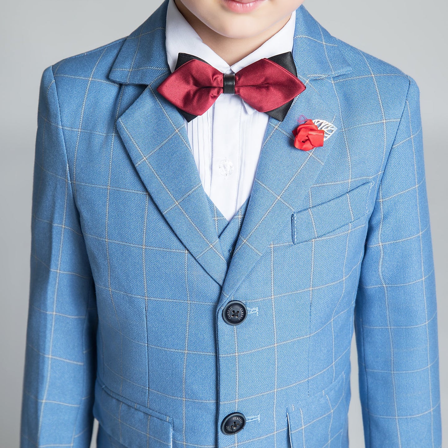 Light Blue Plaid Elegant Formal 5 Piece Boys Suits Yuanlu