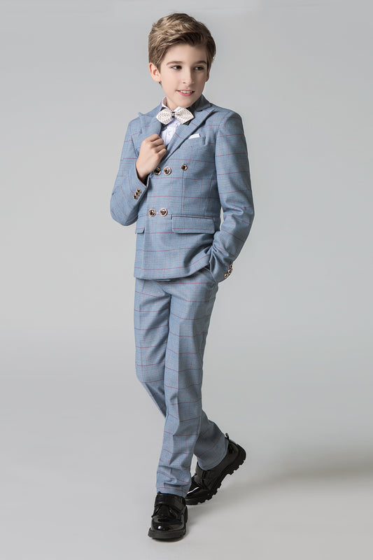 Light Blue Plaid Elegant Formal 5 Piece Boys Suits Yuanlu