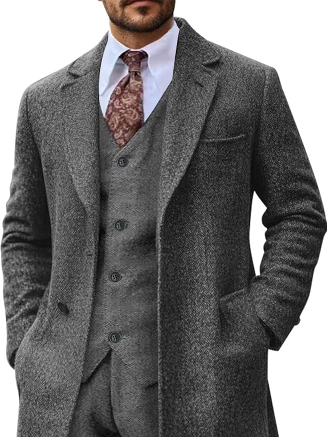 Blazer long à chevrons en tweed rétro 3 pièces pour hommes 3690