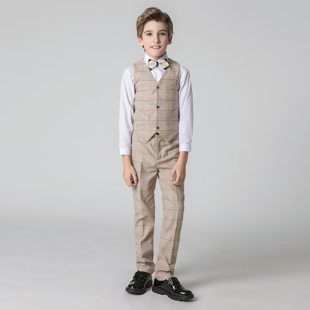 Khaki Plaid Elegant Formal 5 Piece Boys Suits Yuanlu