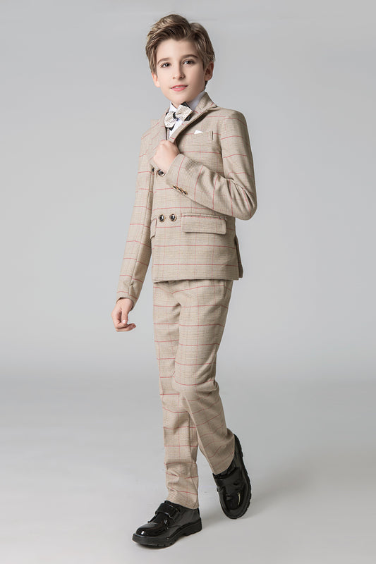 Khaki Plaid Elegant Formal 5 Piece Boys Suits Yuanlu