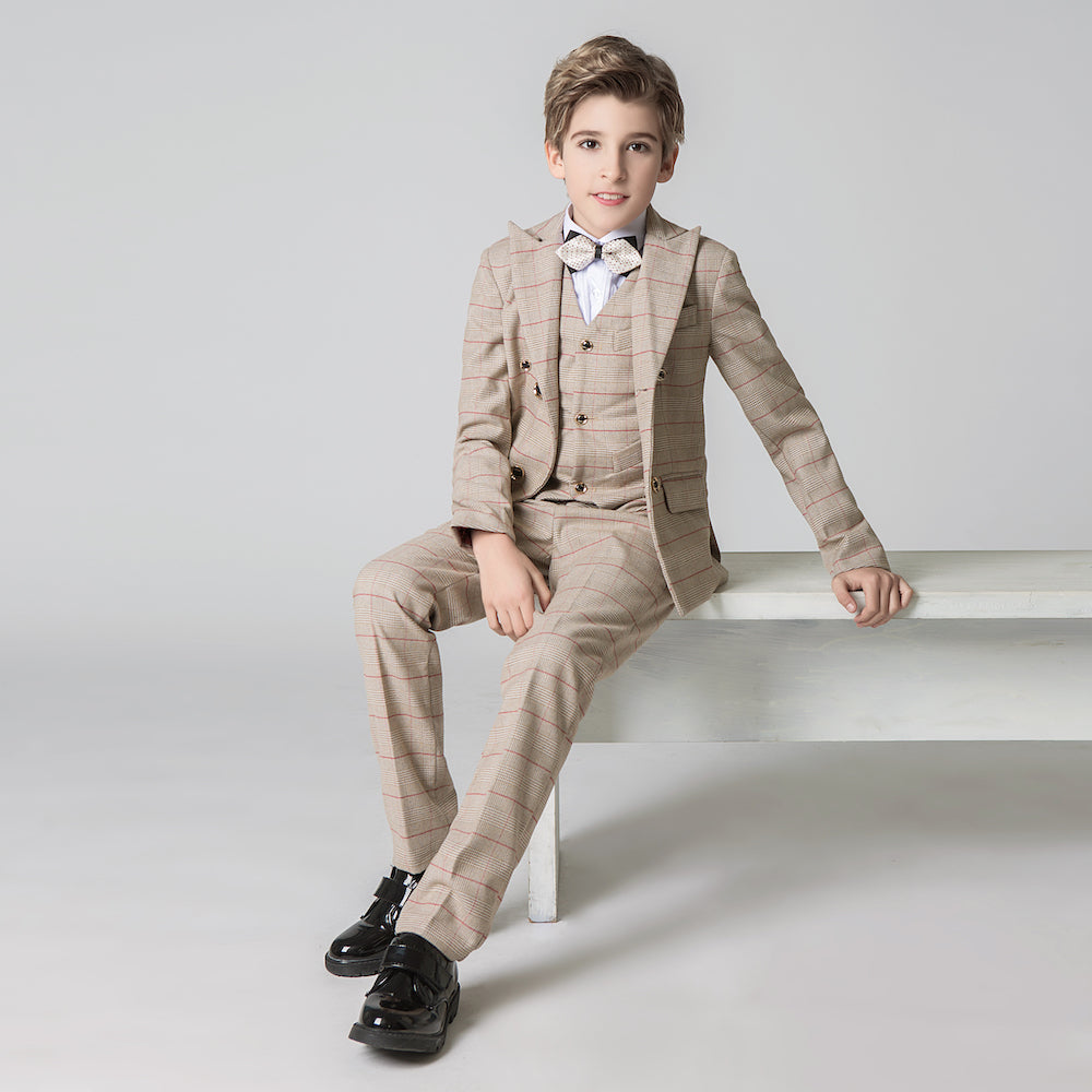 Khaki Plaid Elegant Formal 5 Piece Boys Suits Yuanlu