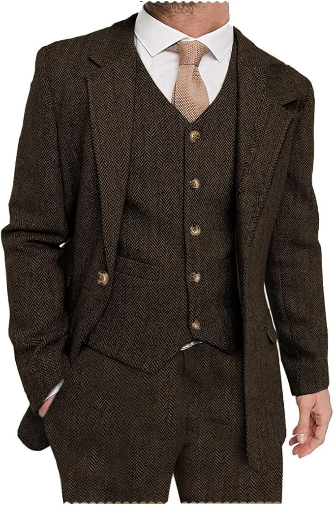 Mens Suit 3 Pieces Formal Tweed Herringbone Dress Suit Notch Lapel Dress Yuanlu