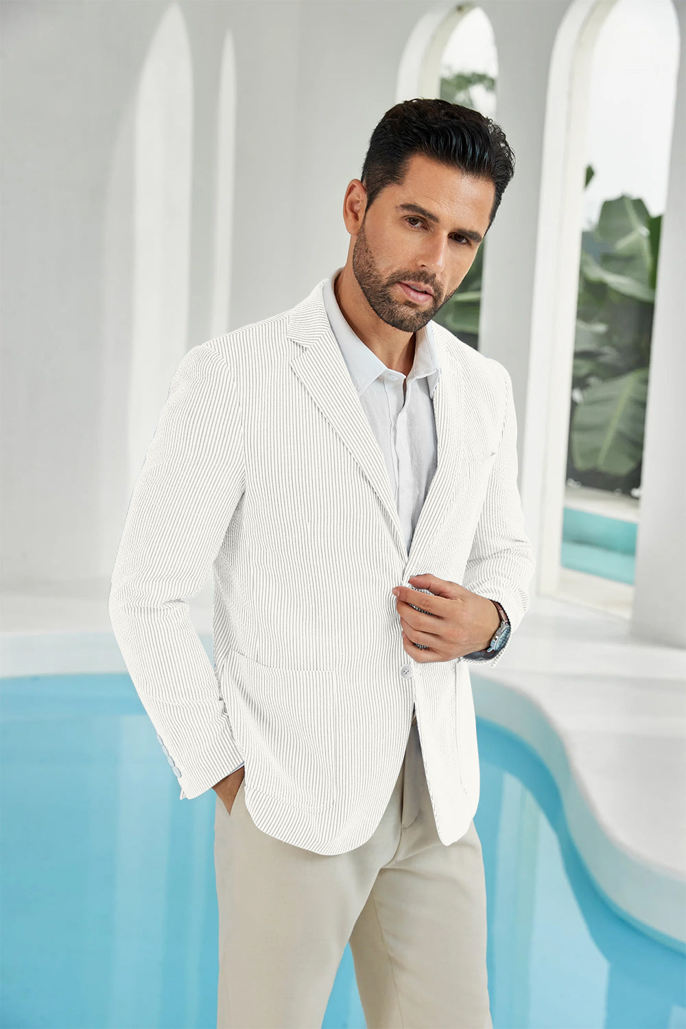 Seersucker Striped Men's Summer Blazer Yuanlu