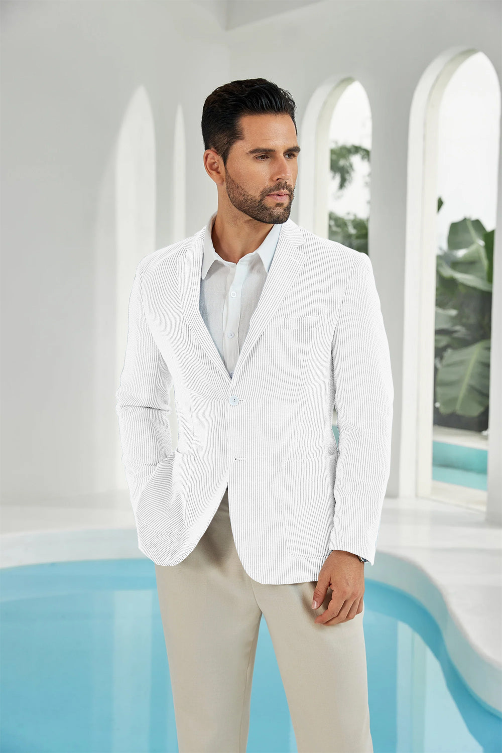 Seersucker Striped Men's Summer Blazer Yuanlu